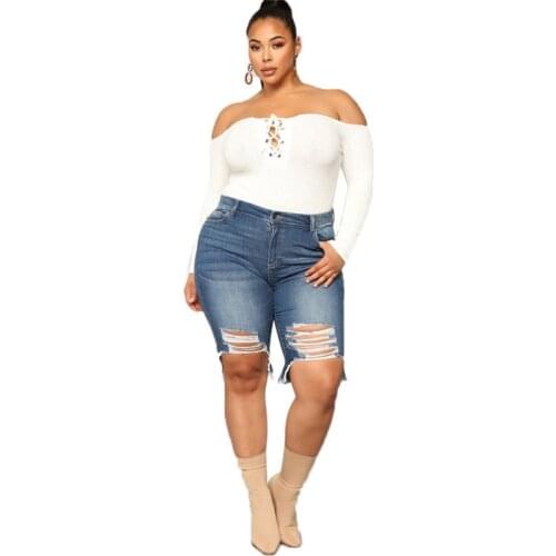 L-5XL Plus size denim shorts casual Ripped jeans for women summer knee length pants fashion jeans drop shipping