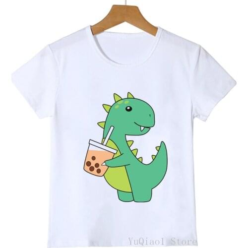 Cute Cartoon Animals Dinosaur/Panda/Mouse/Fish Love Boba/Bubble Tea Kids Funny Boys T Shirts White Girl T-Shirt Unisex Tops Tees