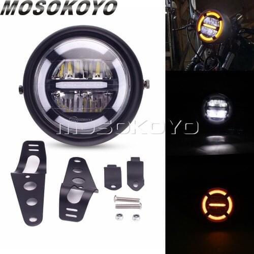 Motorcycle Cafe Racer 7" LED Headlight Amber White Lighting Hi/Lo Beam DRL with Mount Bracket for Harley Chopper Bobber Custom