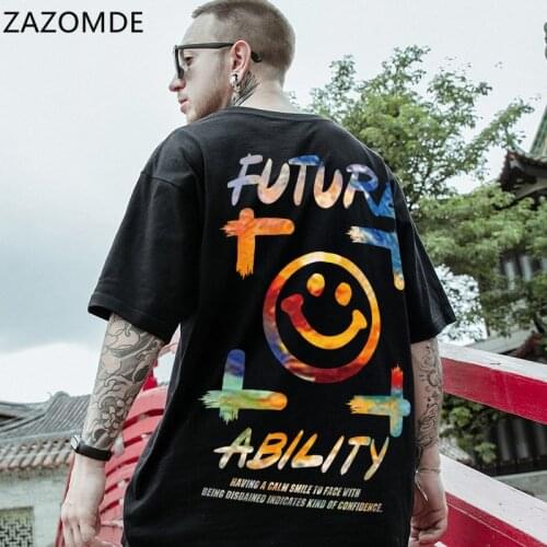 ZAZOMDE Men Hip Hop Summer T-Shirt Streetwear Painting Letter Print T Shirt 2021 Short Sleeve Tshirt Harajuku Cotton Casual Tops