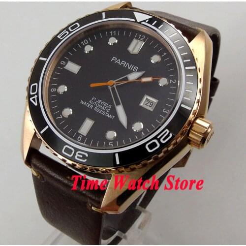 Parnis 45mm black dial Sapphire Glass Ceramic Bezel gold case MIYOTA Automatic movement Mens watch 822