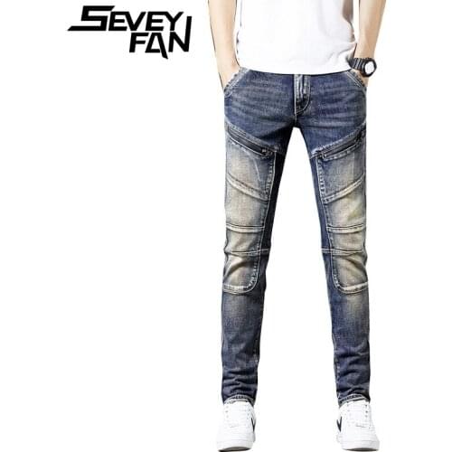 SEVEYFAN Mens Vintage Zippers Patchwork Jeans Elastic Scratched Slim Pencil Denim Pants