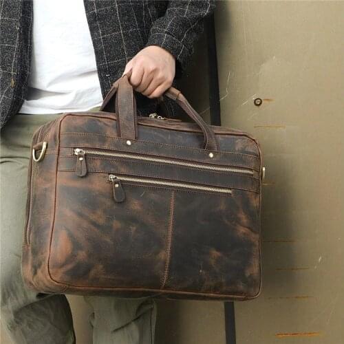 Nesitu Brown Genuine Crazy Horse Leather 15.6'' 17'' Laptop Office Men Briefcase Business Travel Messenger Bags Portfolio M7389
