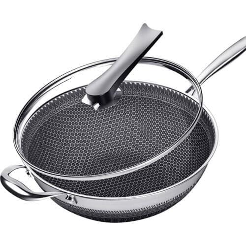 Stainless Steel Skillet Nonstick Frying Pan Wok Honeycomb Frying Pan With Glass Lid Saute Pan Multipurpose Kitchen Cookware