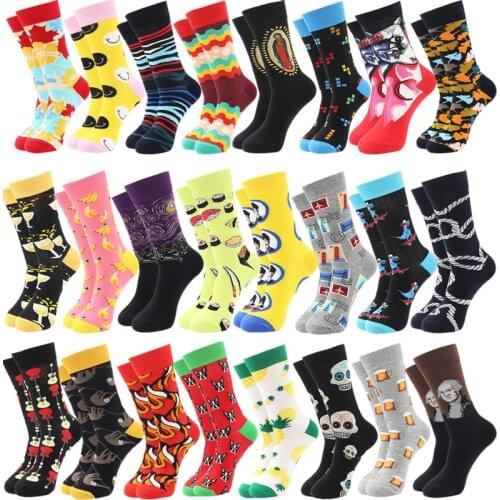 Mens happy Socks Fashion Funny Print Socks Hip Hop Streetwear Colorful Football Smiley Stripe Dog Bicycle Harajuku Casual Socks