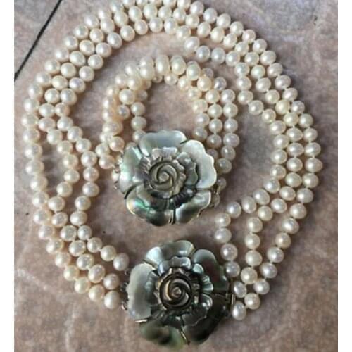 3 rows 9-10 mm white round pearl necklace 17"-19" & bracelet 8"