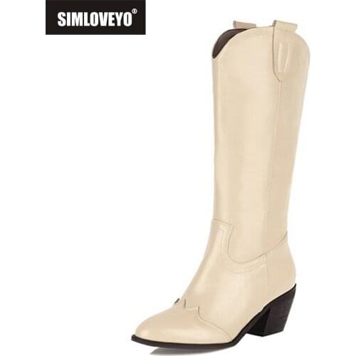 SIMLOVEYO Women PU Leather Western Mortorcycle Ridding Knee High Chunky Boots Low Square Heel Pull On Big Size 33-46 S2434