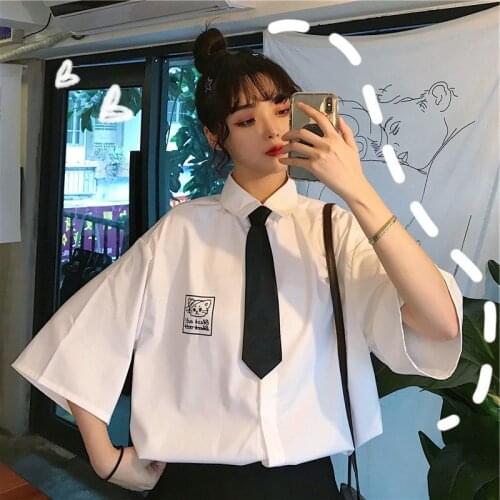 VOOCEIC Spring/Autumn College Style Girl Shirt With Tie Japanese Korean Preppy Girl Style Harajuku Shirt Blouse Women