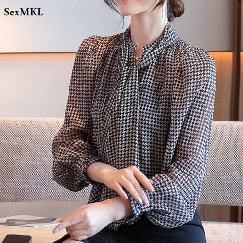 Vintage Long Sleeve Chiffon Blouses Women 2021 Elegant Autumn Plaid Printed French Ladies Tops Sexy Loose Y2k Office Shirts XXL