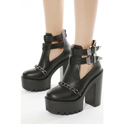 Spring Autumn Fashion Ankle Boots For Women High Heels Casual Cut-outs Buckle Round Toe Chain Thick Heels Platform Shoes