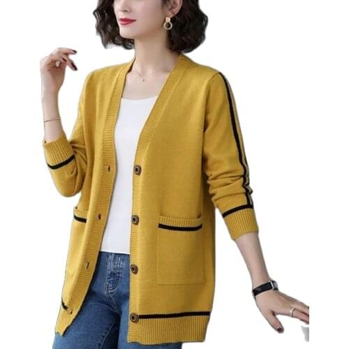 Women Knitted Cardigan Casual 2021 Autumn V Neck Sweater Soft Knitted Tops Korean Single Breasted Pocket Jacket Coat Ladies H262
