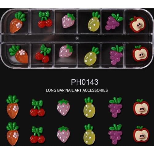 1 Strip box(12Girds)Fruit Nail Rhinestones,Cherry/Pineapple/Apple/Grape CRYSTAL Nail Stones ,3D Flateback Manicure Rhinestones#P