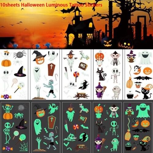 10 sheets Halloween Luminous Tattoo Fake Tattoo Witch Glowing Tattoo Stickers