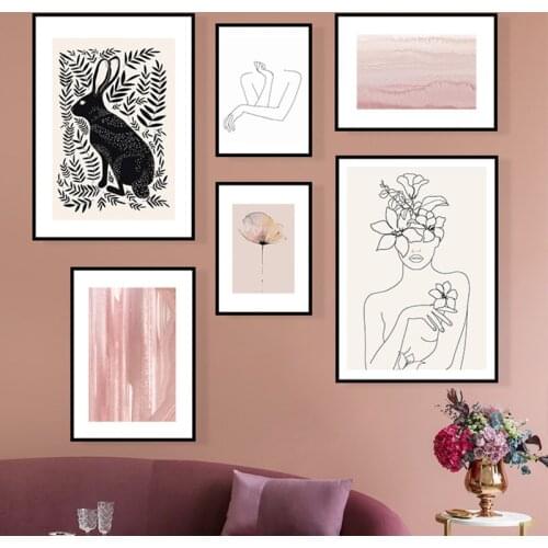 Abstract Pink Wall Art Print Female Face Line Painting Boho Poster Picture Nordic Posters And Prints Living Room Home Decoration