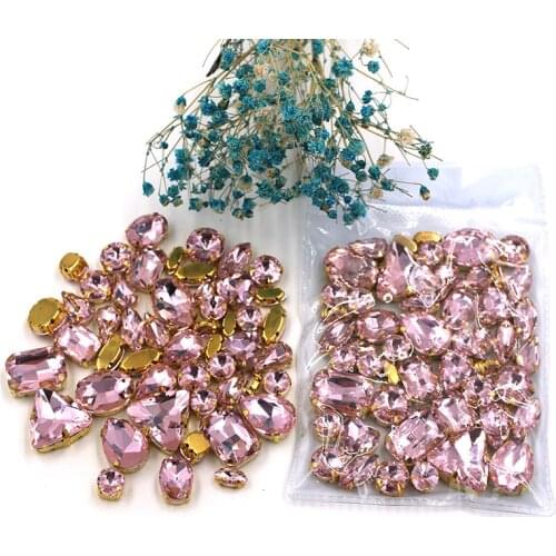Clothing accessories mixed shape Pink glass crystal sewing rhinestones with gold base for dress/garment/shoes