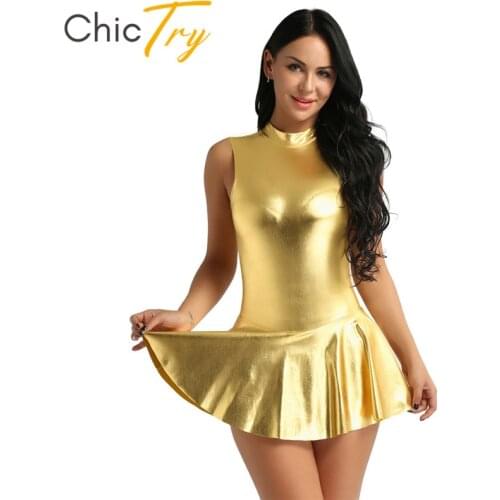 ChicTry Women Metallic Faux Leather Sleeveless Ballet Gymnastics Leotard Ballet Tutu Mini Dance Dress Adult Stage Dance Costumes