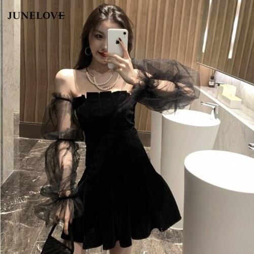JuneLove Black Retro Dress Women Autumn Lace Chiffon Retro Mini Dress Hepburn High Street Sexy Korean One-piece Dress Women 2021