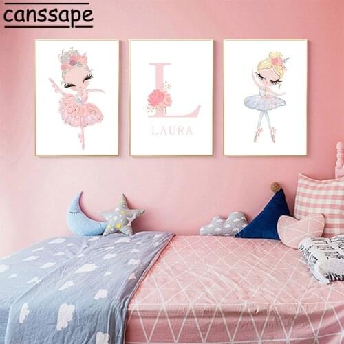 Ballet Girl Canvas Painting Nursery Wall Art Print Custom Name Paintings Flower Prints Nordic Posters Pink Girls Room Decoration