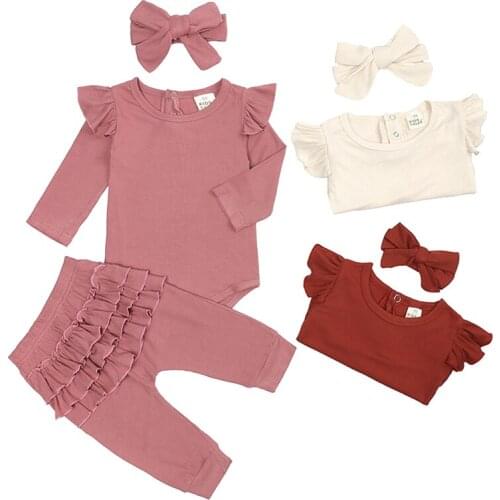 3Pcs Newborn Baby Girl Clothes Sets Spring Autumn Cotton Baby Romper Fashion Ruffled Jumpsuit Top+Pants+Headband Infants Outfits