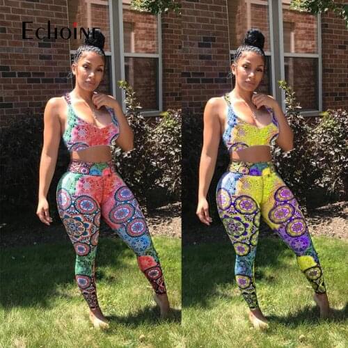 Echoine Women Workout Set Print Sleeveless Crop Tanks Tops Strechy Pencil Pants Two Piece Set Sexy Streetwear Summer Outfits
