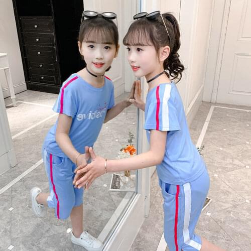 Clothing Sets Summer Baby Girl Clothes For Children 2021 New O-Neck Short Sleeve Casual Striped Webbing Two Pieces Suits 110-160