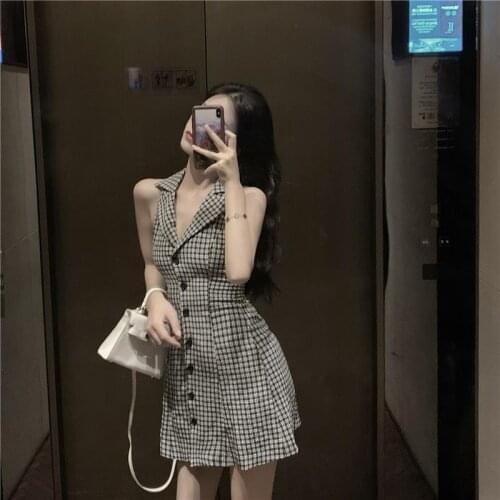 Summer Deep V Halter Lady Single Breasted Sleeveless Backless Off Shoulder Dresses Plaid Vintage Women Sexy Notched Mini Dress