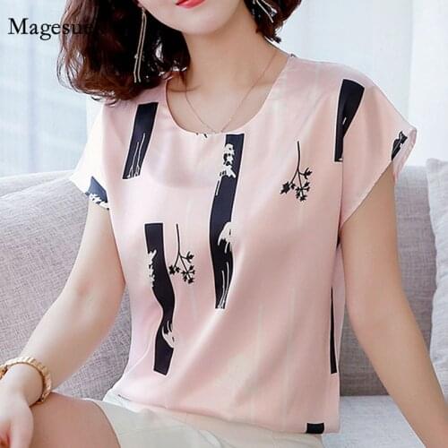 Fashion Plus Size Loose Office Lady O-neck Printing Pattern Leisure Lady Shirts 2020 Summer Women Chiffon Shirt and Tops 3741 50