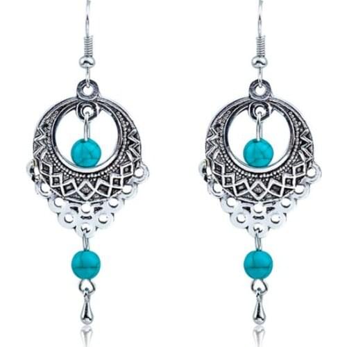 Fashion vintage ethnic style openwork blue round stone Water droplets shape bohemian tassel female earrings