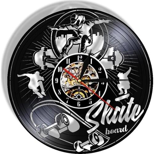 Skateboarding Retro Quartz Vinyl Record Wall Clock Extreme Sports Skate Boarder Unique Gifts For Him Vintage Silent Wall Watch