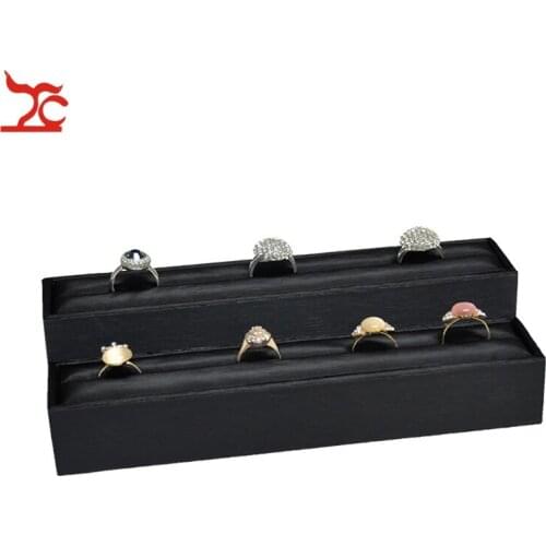 New Black PU Ring Storage Rack 2Pcs Wooden Horizontal Ring Bar Slot Holder Showcase Ring Display Organizer Exhibition Stand