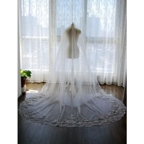 1 Tier Cathedral Lace Veil With Comb Off-White/ White Wedding Veil Long Veil