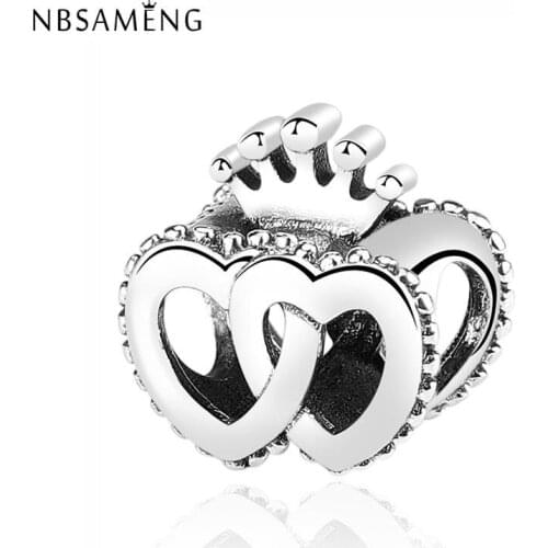 Original 100% 925 Sterling Silver Bead Charm Interlocked Crown Hearts Charms Fit Bracelets Women Diy Jewelry Making