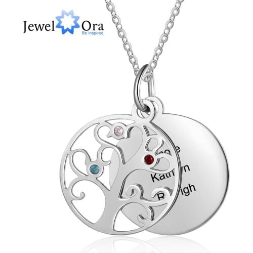 JewelOra Personalized Filigree Family Tree Pendant Necklace with Birthstones Women Custom Name Engraved Tree of Life Necklaces