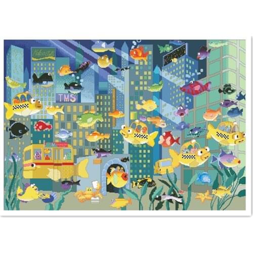 Fish city cross stitch package flowers 18ct 14ct 11ct cloth cotton thread embroidery DIY handmade needlework