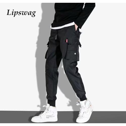 Casual Solid Color Loose Pockets Cargo Pants For Mens 2021 Harajuku Drawstring Mid Waist Jogging Trouser Men Fashion Streetwear