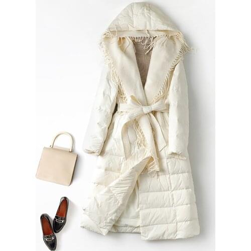 Winter Women Oversize Down Jacket Long Down Coats Knitted Hat Stitching Hooded Women Down Coat Black Blue Korean Casual Version