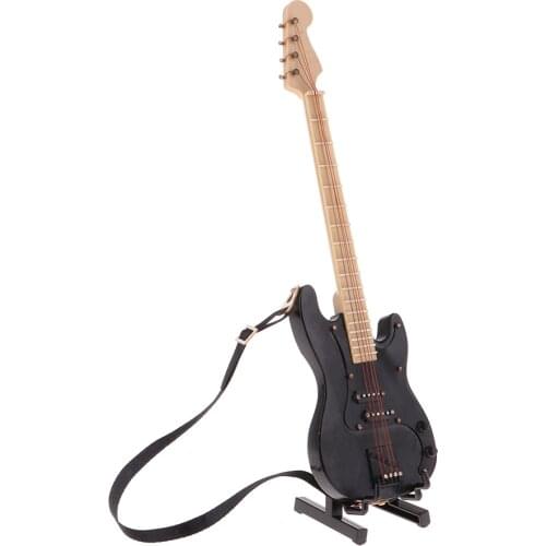 Handmade 1/6 Musical Instrument Crafts Wooden Electric Bass Guitar with Stand for for Blythe Azone 1/6 BJD Dolls House