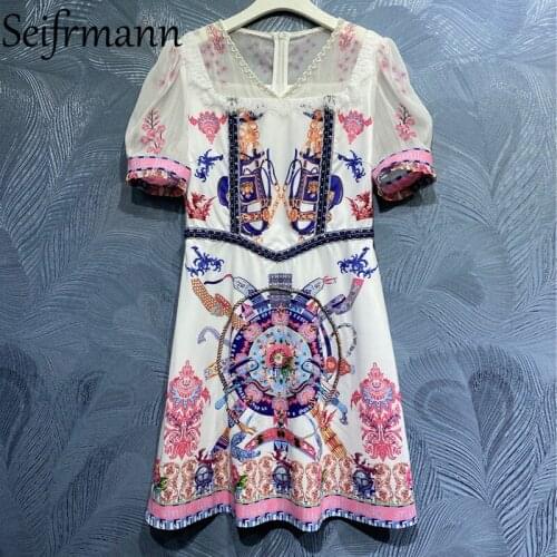 Seifrmann New 2021 Summer Women Fashion Party Mini Dress Short Sleeve Gorgeous Lace Ruffles Crystal Vintage Print Ladies Dresses