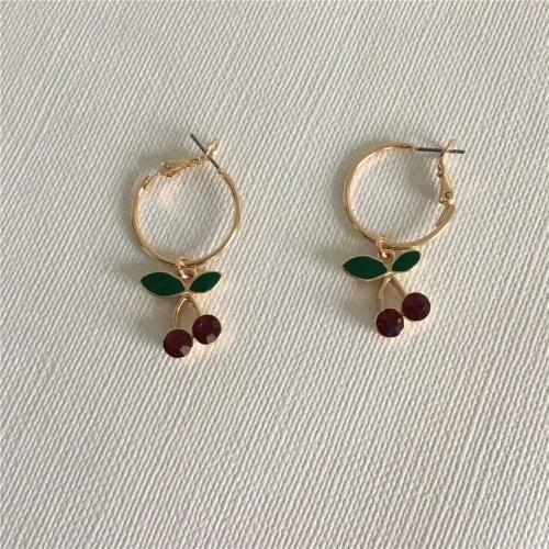 LOVELY WOMEN EARRING GOLD COLOR PLATING COLORFUL CHERRY CHARM HOOP EARRINGS