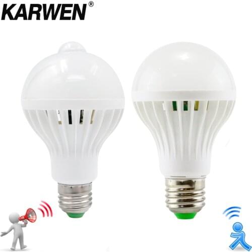KARWEN AC 85-265V Smart Sound/ PIR Motion Sensor Bombillas LED Bulb E27 3W 5W 7W 9W 12W Induction lamp Stair Hallway light