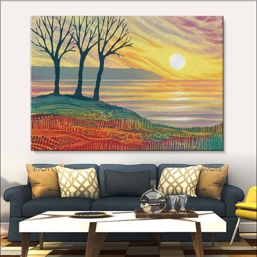 Modern Abstract Art, Landscape Canvas Painting, Sunrise Forest Poster, Horizontal Mural, Waterproof Printing, Family Gifts