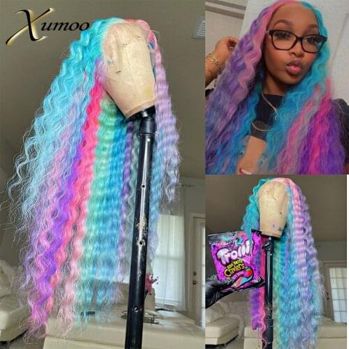 XUMOO Deep Wave Rainbow Lace Front Wig Unprocessed T Part Cheap Raw Brazilian Human Hair With Baby Hair For Cosplay Party Women