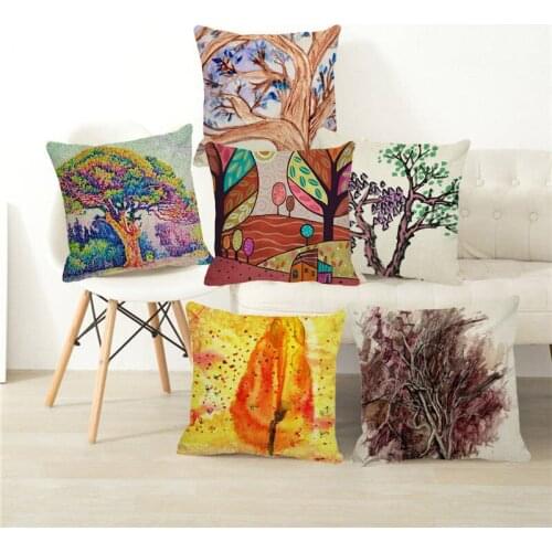 XUNYU Cushion Cover Vintage Tree Pillow Case Watercolor Linen Tree Pattern Pillowcase Home Sofa Decorative Throw Pillow Cover