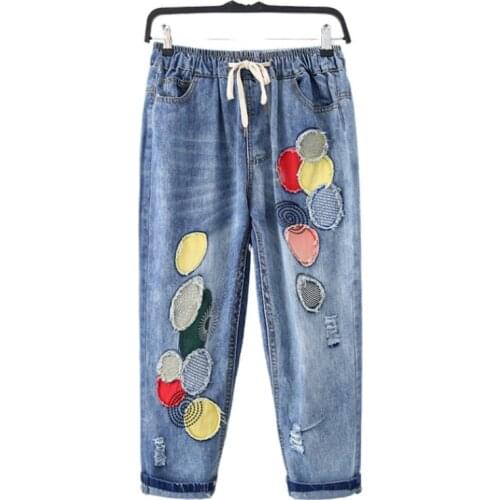 Womens Denim Harem Pants Cartoon Appliques Embroidery Pocket Jeans For Girl 2020 Spring New High Waist Casual Pant MERRY PRETTY