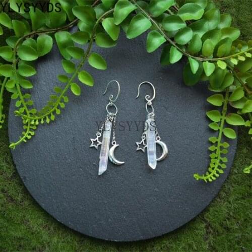 Witch Raw Crystal Earrings with Moon and Stars Witchy Dangle Jewelry Celestial with Healing Quartz Halloween Jewelry Women Gift
