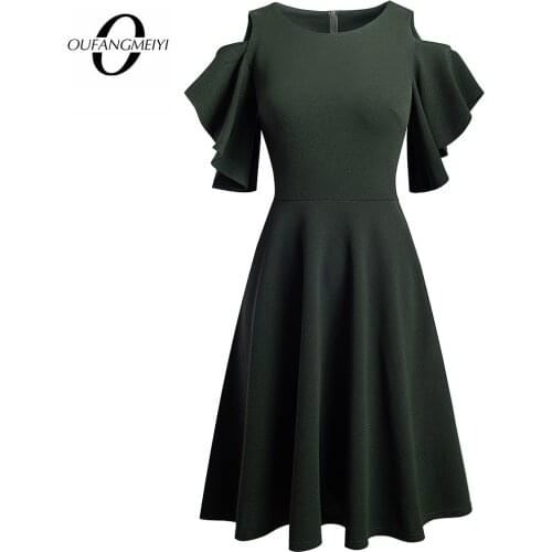 Women Elegant Solid Color Round Neck Cold Shoulder Ruffle Sleeve A-Line Knee Length Casual Dress EA271
