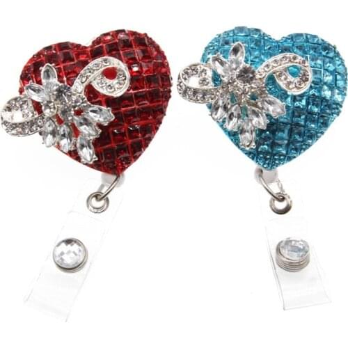 100pcs Red/blue Acrylic Heart shape Rhinestone Retractable ID Badge Holder/reel for Teacher/Nurse Valentines Day gift