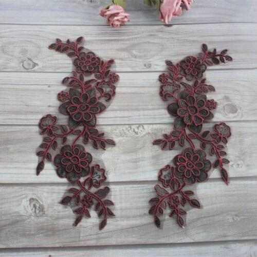 2pairs,4pcs/lo) Organza Based Alencon 3D Floral Embroidered Lace Applique in Black+Deep Wine for Garment,Corded Lace Patch