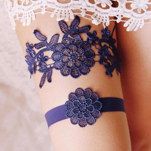 2pcs Solid Female Wedding Garter Navy White Embroidery Floral Sexy Garters Women Bride Thigh Ring Bridal Lace Leg Ring Loop