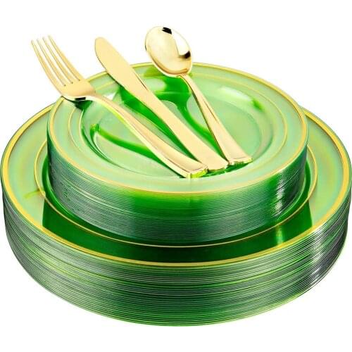 50 Pcs Disposable Tableware Transparent Green Blue Plastic Tray With Golden Plastic Tableware Birthday Mixed Party Decorations